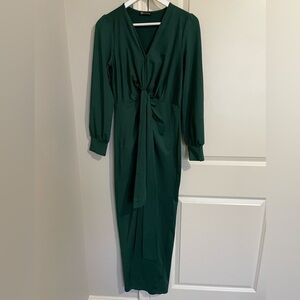 Long Sleeve Maxi V Neck Twist Front Ruched Evening Dress w/Slit, Size M